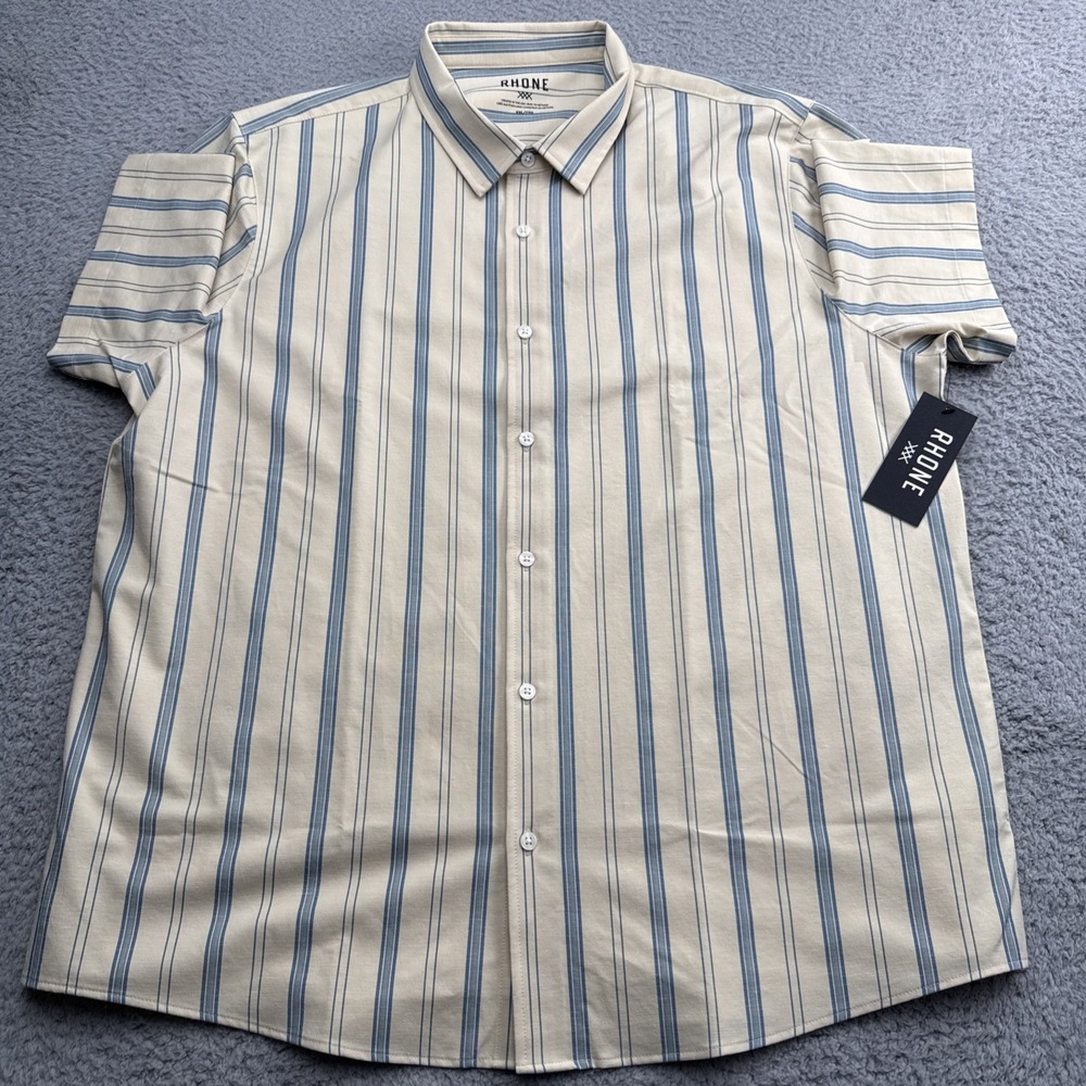 Rhone Brezza Shirt Mens 2XL Beige Striped SS Button Up Stretch Linen 102348-922